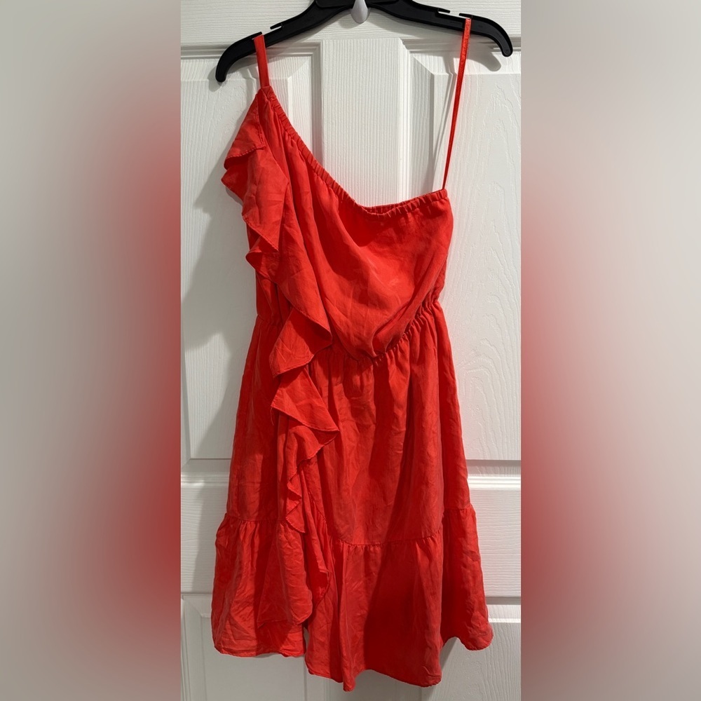 Club Monaco Vibrant Orange 100% Silk Ruffle One Shoulder Dress